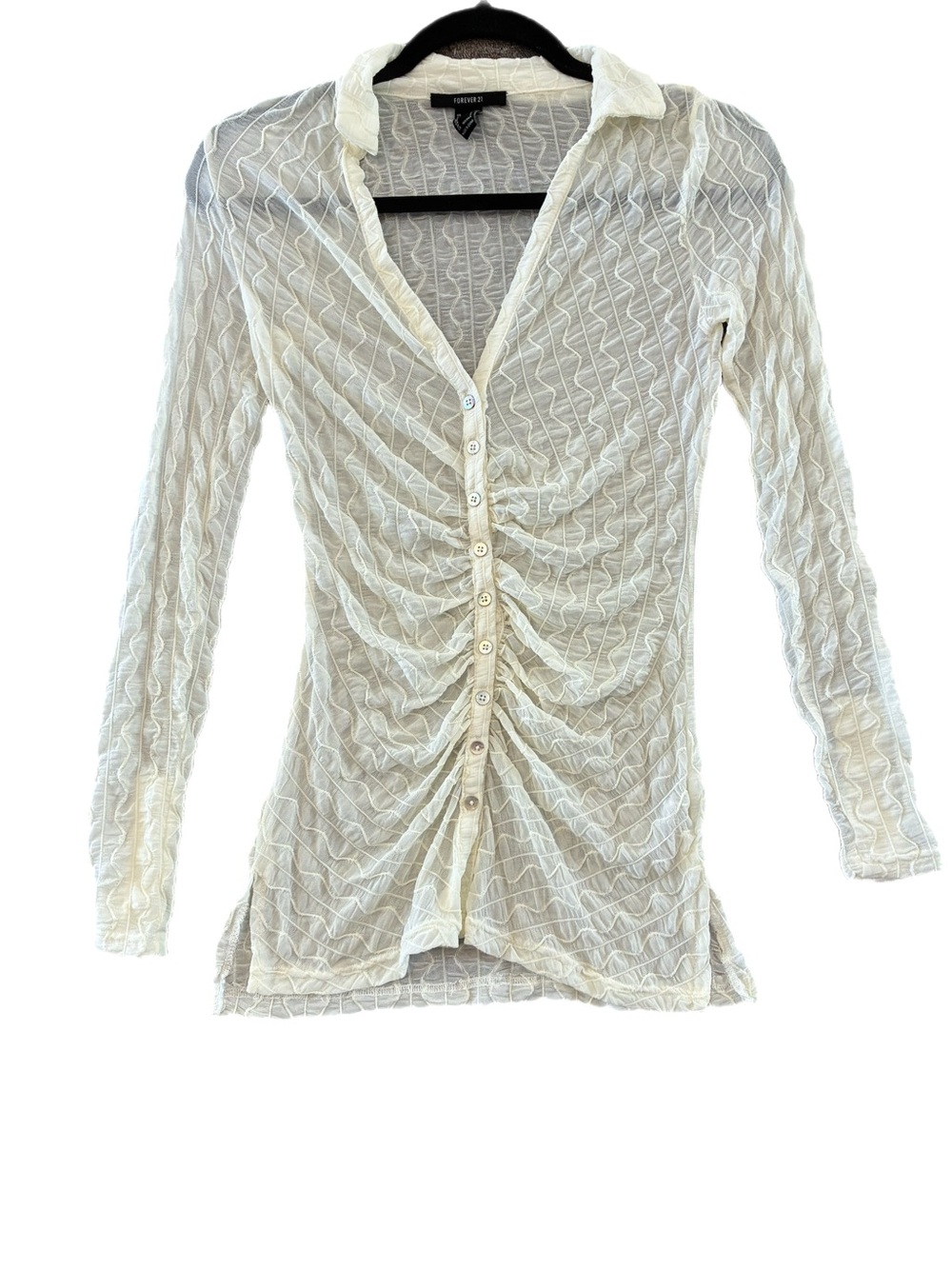 Y2K Forever 21 Vanilla White Ruched Button-Up Long Sleeve Top Mesh Sheer Small
